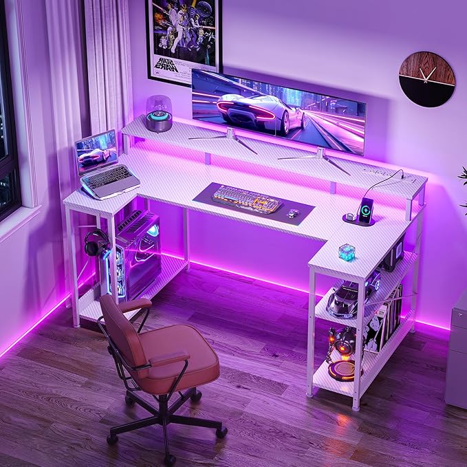 ODK 48 Inch Gaming Desk with LED Lights and Power Outlet, U-Shaped Computer Desk with Monitor Stand and Storage Shelves, PC Gamer Table for Home Office, Carbon Fiber White