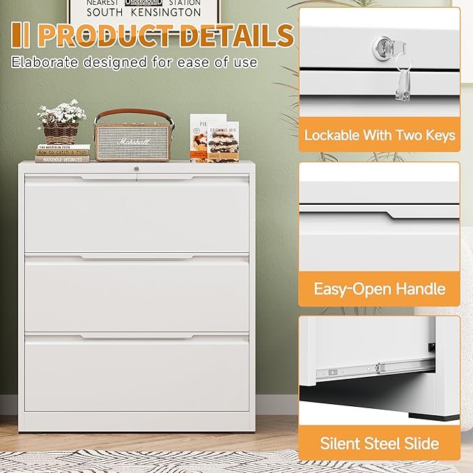 3-Drawer Metal File Cabinet with Lock,Steel Printer Stand with Storage for Home Office,Lateral Filing Cabinet for Legal/Letter/A4 Files,Assembly Required(35.43''W-3 Drawers,White)