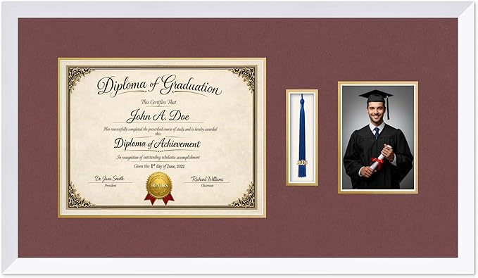 Diploma Tassel and Photo Frame Bright White Shadowbox Dark Red Over Gold Mat - Fits 13 x 10 Degree Picture Made in the USA