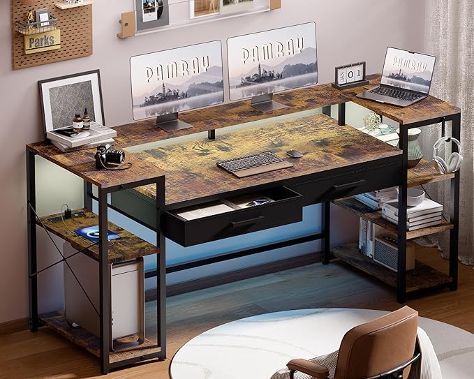 Pamray 58 Inch Computer Desk with Monitor Stand and Shelves Gaming Desk with LED Lights & Power Outlets PC Vanity Table with 2 Drawers for Home Office Vintage