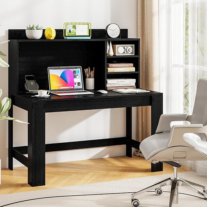 Tangkula Computer Desk with Hutch & Charging Station, Home Office Writing Study Desk with Storage Shelves, Cable Management Hole, Laptop Desk, Desk for Bedroom, Computer Workstation (Black)