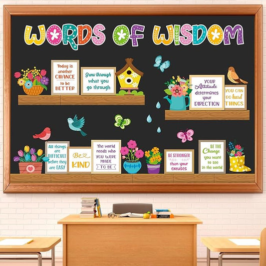 Supervitae 48 Pcs Spring Bulletin Board Decor Bookshelf Potted Plant Bulletin Board Set Colorful Motivational Cutouts Positive Saying Accents Signs for Back to School Supplies Wall Chalkboard Decor