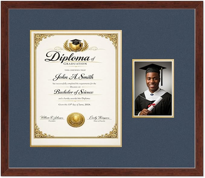 CountryArtHouse Fits 11 x 14 College Diploma (Portrait) and 5 x 7 Photo Diploma and Photo Frame Rustic Walnut Genuine Hardwood with Navy Blue Over Metallic Gold Double mat