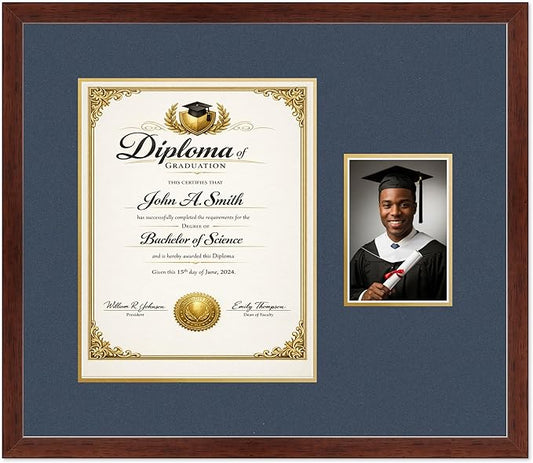 CountryArtHouse Fits 11 x 14 College Diploma (Portrait) and 5 x 7 Photo Diploma and Photo Frame Rustic Walnut Genuine Hardwood with Navy Blue Over Metallic Gold Double mat
