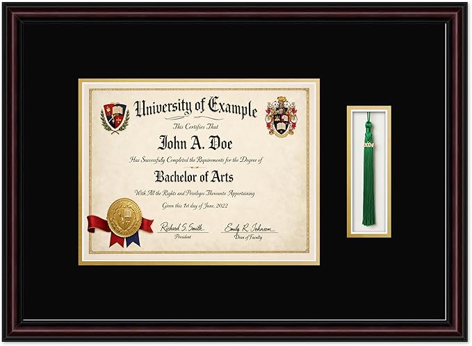CountryArtHouse Diploma and Tassel Frame Fits 11 x 8.5 US Letter Certificate with Tassel H Executive Brown Genuine Hardwood Shadowbox with Black Over Metallic Gold Double mat