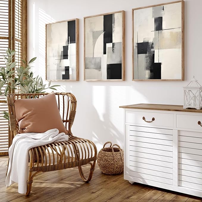 3Pcs Neutral Abstract Canvas Wall Art Pictures Modern Minimalist Posters Prints Beige Black Brown Simple Wall Decoration for Living Room Bedroom Bathroom Office 16x24in Unframed