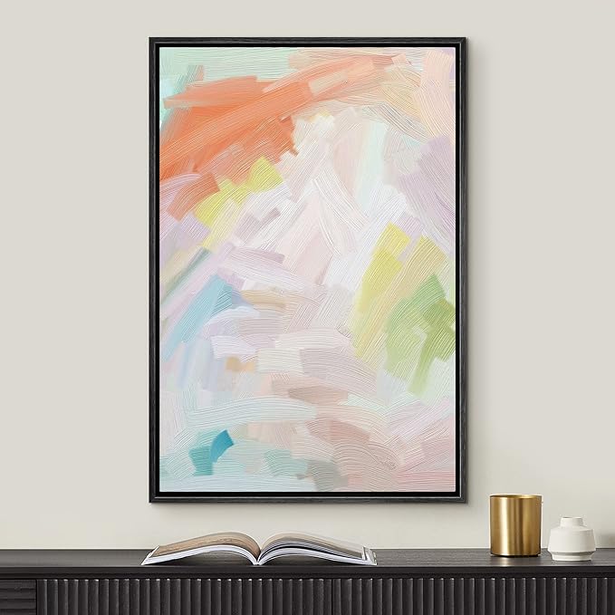 MUDECOR Framed Canvas Print Wall Art Pastel Orange, White & Green Color Field Abstract Shapes Watercolor Modern Art Contemporary Multicolor Ultra for Living Room, Bedroom, Office - 16"x24" Black