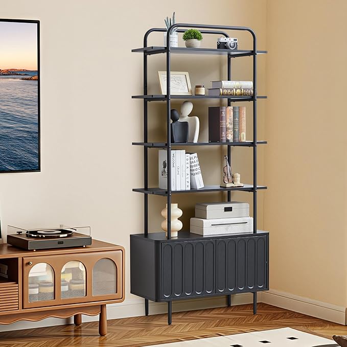 71" Tall Bookshelf with Door, 6-Tier Bookcase Modern Metal Book Shelf with Open Shelves & Adjustable Footpad Freestanding Storage Cabinet for Living Room, Home Office (Black)