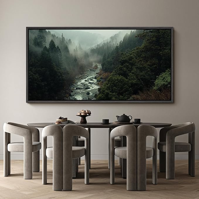 SIGNFORD Extra Large Framed Canvas Misty Forest River Landscape Nature Photography Illustrations Modern Art Calm Warm for Living Room, Bedroom, Office - 60"x30"