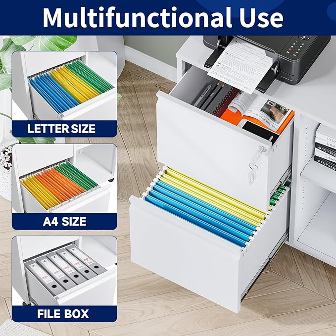 Yizosh 2-Drawer Metal File Cabinet with Lock, Mobile Lateral Filing Cabinet, Printer Stand with Adjustable Storage Shelves for Home Office (White)