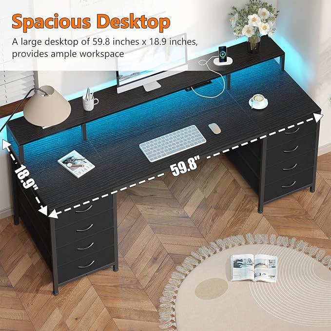 60 Inch Computer Desk with 8 Drawers, Gaming Desk with LED Lights & Power Outlets, Home Office Desk with Monitor Stand, Black