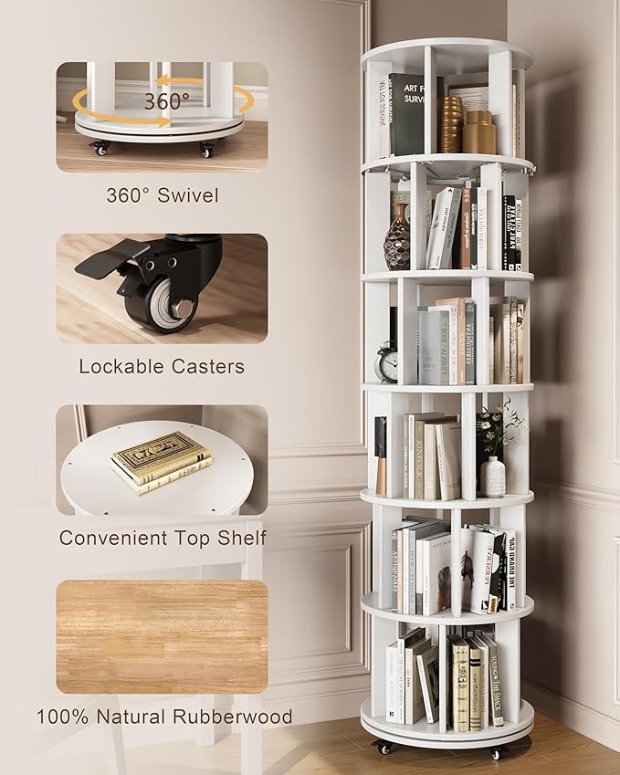 Rotating Bookshelf, 6 Tier Solid Wood Bookshelf Tower with Lockable Wheels, 360° Spinning Revolving Bookcase for Small Spaces, Corners, Bedroom, Kids Room, Home Office, White