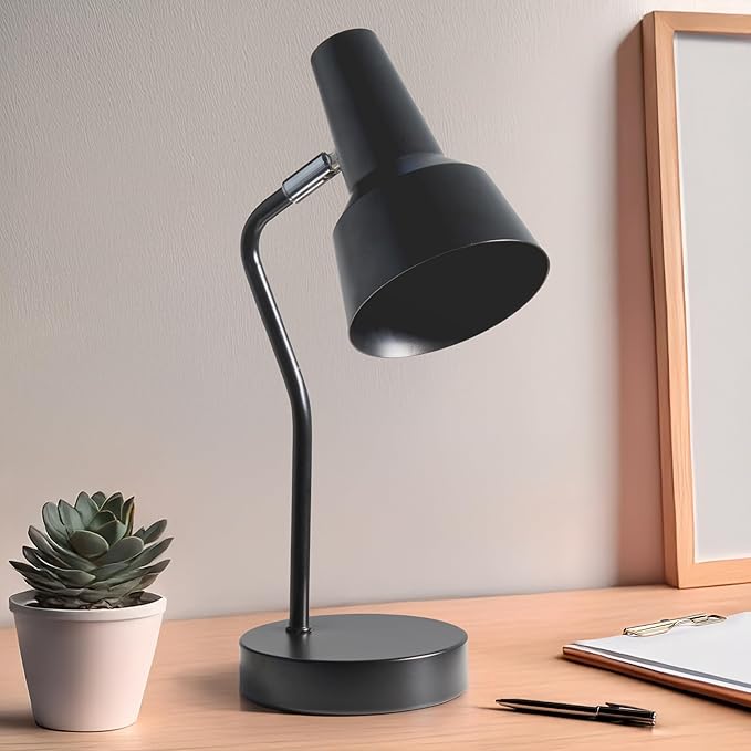 Simple Designs LD1078-BLK 15.2" Sleek Essentials Metal Cone Shade Desk Lamp with Adjustable Shade, for Office, Desk, Nightstand, Dorm, Black