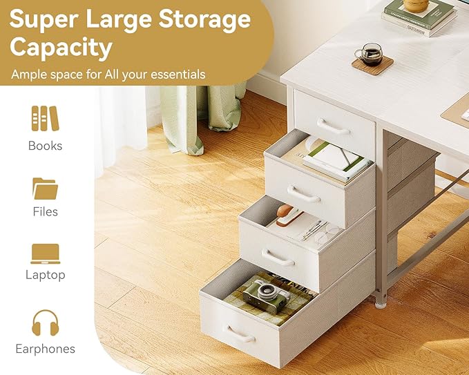 ODK 55 Inch Computer Desk with 8 Fabric Drawers, Modern Office Desk with Large Storage for Home Office, Study, Gaming, White