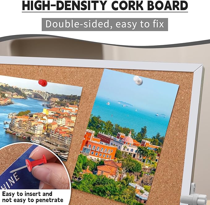 11.81"×11.81" Cork Board Bulletin Board, Double Sided Pin Board with Silver Aluminum Border, Desktop Small Cork Board with Stand Suitable for Home, Office, Desk Message Board or Picture Board