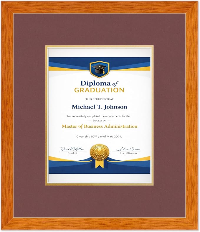 Diploma Frame Honey Oak with Dark Red Over Gold Double Mat - Fits 8.5 x 11 Certificate (Portrait) Wall Display Made in the USA