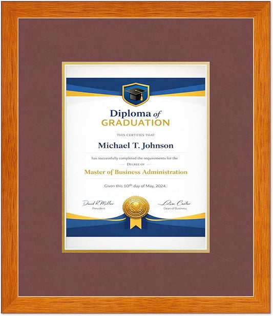 Diploma Frame Honey Oak with Dark Red Over Gold Double Mat - Fits 8.5 x 11 Certificate (Portrait) Wall Display Made in the USA