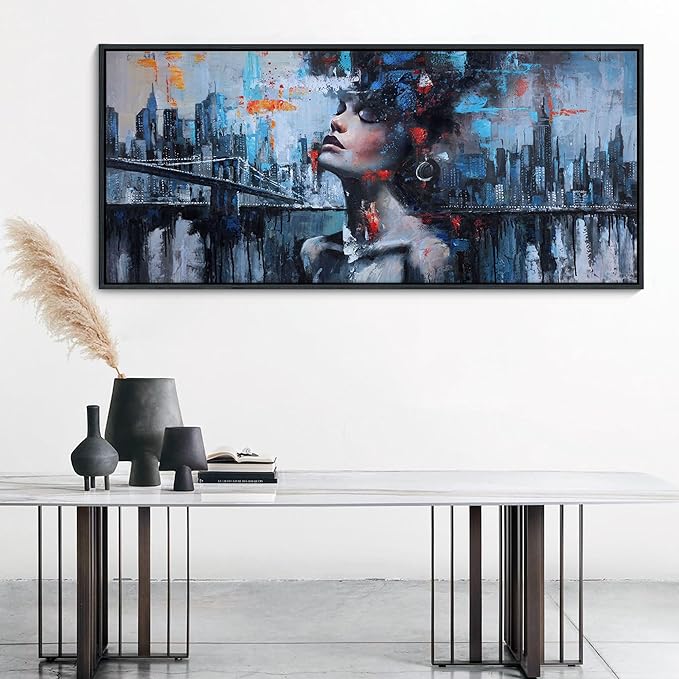 YDYSUNE Navy Blue Painting Wall Art Black Woman Picture for Living Room modern Home Bedroom Decoration New York City Framed Artwork Decor 70x31IN
