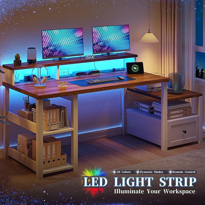 EnHomee 60.4" Computer Desk with Drawer & Power Outlet, Gaming Desk with LED Light, Farmhouse Desk Study Desk with Monitor Stand, Home Office Desk, Work Desk for Bedroom, Study Room, White