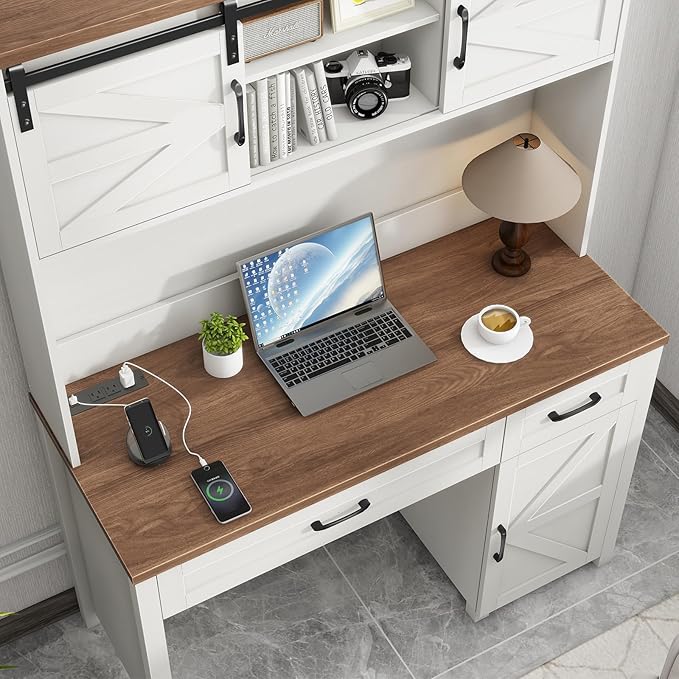 Farmhouse 47" Executive Desk, Computer Desk with 2 Drawers, LED Light and Storage Cabinet, Home Office Desk with Hutch, Charging Hub, Workstation for Home Office and Study,(Unique White