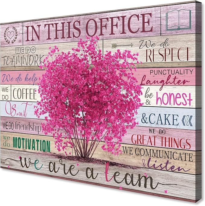 WOWGOOMO Pink Motivational Wall Art for Women Positive Sayings In This Office We Are A Team Flower Tree Picture Poster Modern Entrepreneur Wall Art Home Office Workspace Decoration Framed 12x16 Inch