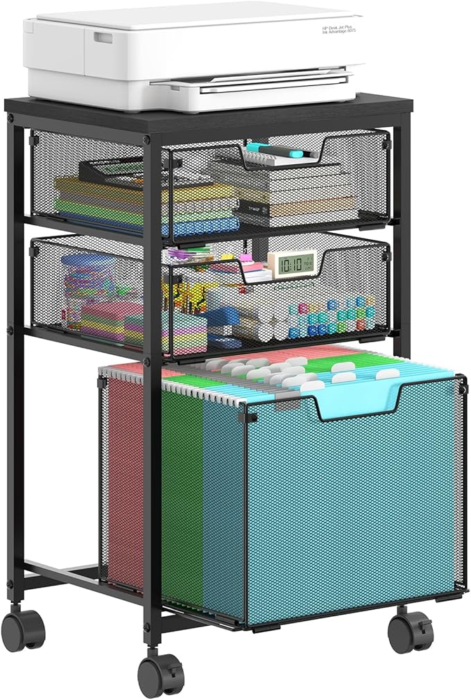 Rolling File Cart with 3 Drawers, Metal Mobile Filing Cabinet for Home Office, Hanging Folder Holder with Printer Stand, Utility Cart Under Desk Storage Organizer with Wheels, Black