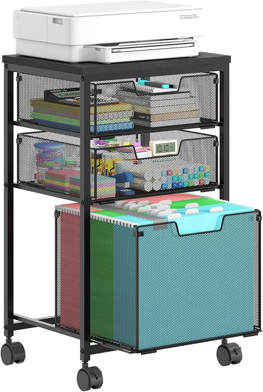 Rolling File Cart with 3 Drawers, Metal Mobile Filing Cabinet for Home Office, Hanging Folder Holder with Printer Stand, Utility Cart Under Desk Storage Organizer with Wheels, Black