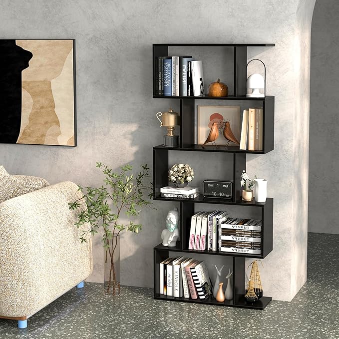 Tangkula 5-Tier Geometric Bookshelf, S Shaped Bookcase w/Anti-Toppling Device, Freestanding Room Divider, Industrial Home Office Decor Wood Open Storage Display Shelf for Living Room (2, Black)
