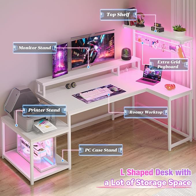 EEnHomee 56" Medium L Shaped Gaming Desk with LED & Power Outlets,Computer Desk with Monitor Stand & Print Stand for Home Office,Reversible Corner Gaming Table with Storage Shelf & Hooks,White