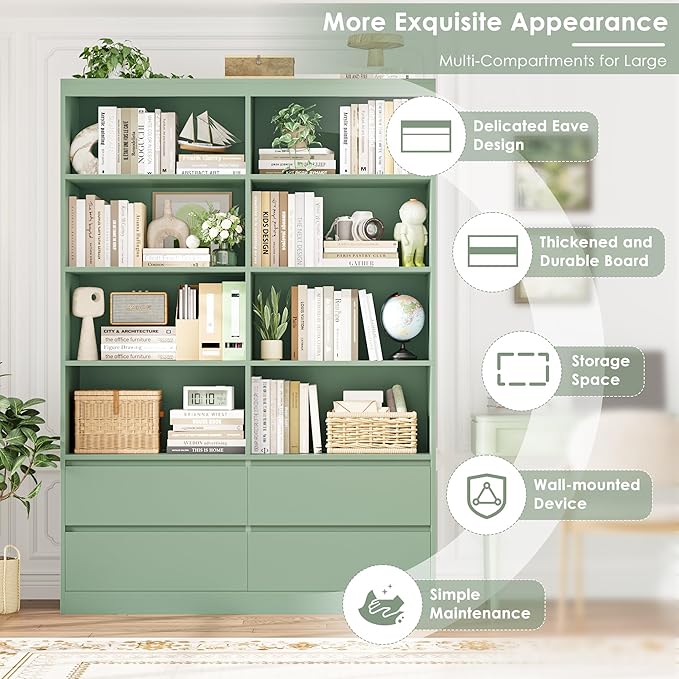 FINETONES Bookshelves and Bookcase, 47.3" Double Wide Bookshelf with Drawers, 71" Tall Bookshelf Large Open Book Shelf Standing Book Case for Home Office, Green