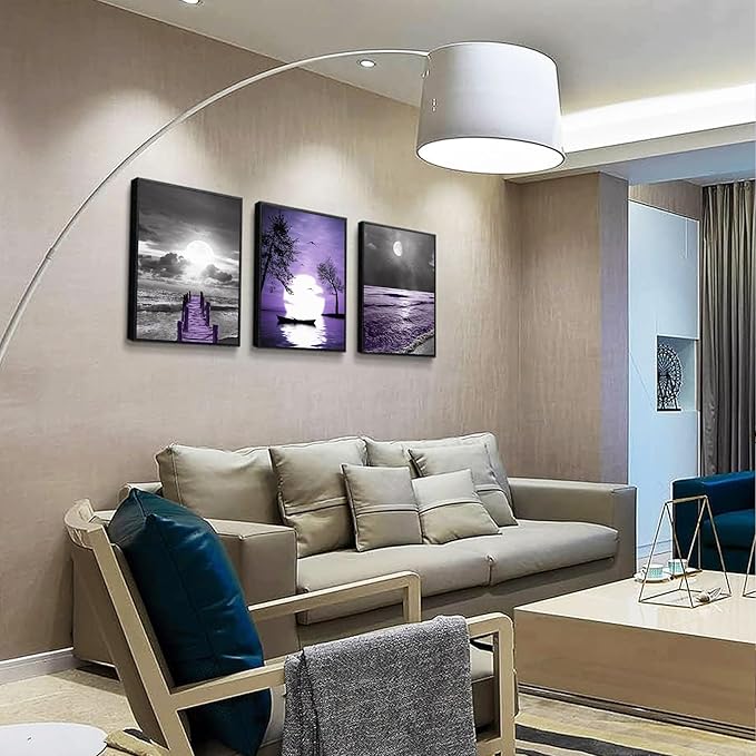 Black Framed Wall Decorations For Living Room Wall Art For Bedroom Modern Office Wall Decor Black And White Painting Ocean Purple Landscape Pictures Home Decor Artwork of 3 Piece Framed Art Prints