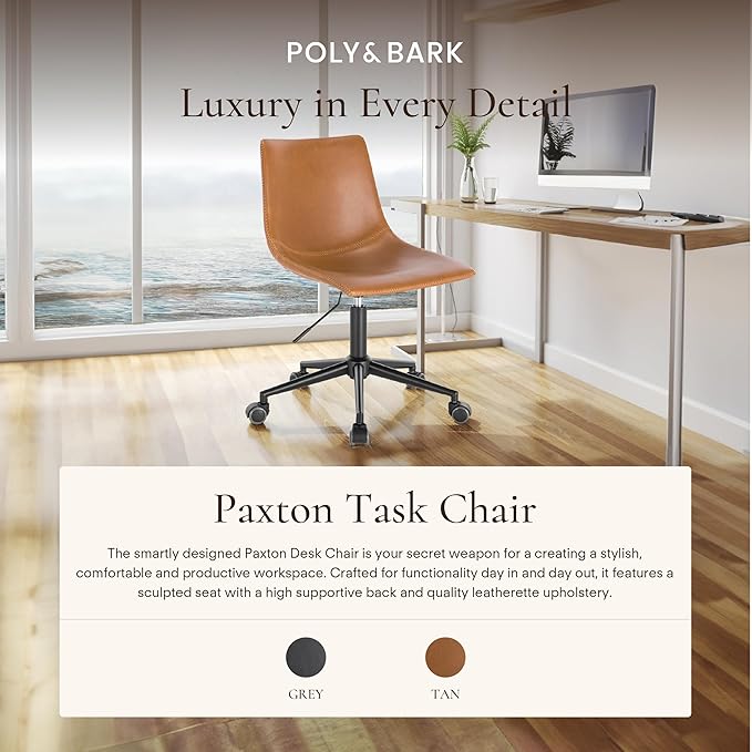 POLY & BARK Paxton Task Chair – Adjustable Height 17"-21" Swivel Office Chair with Vegan Leather Upholstery, Matte Black Steel Frame, and Caster Wheels – Cognac Tan