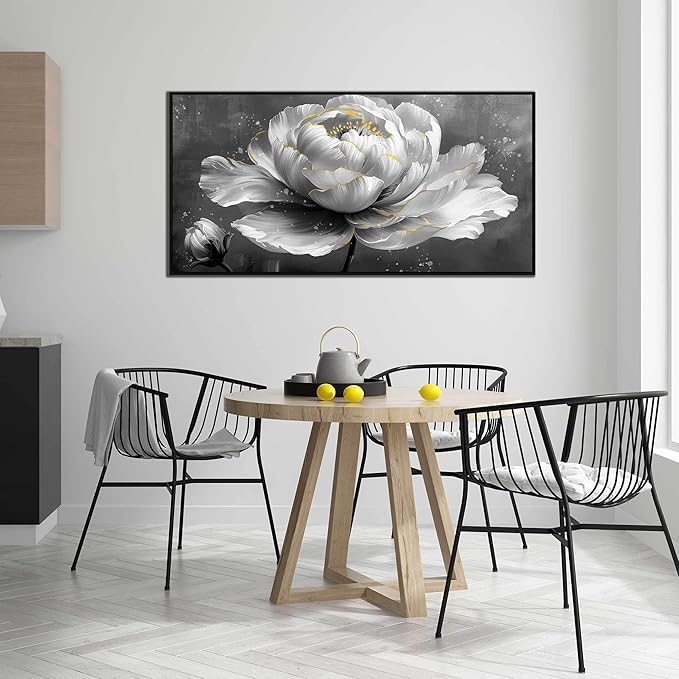 Floral Wall Art Black Framed Wall Paintings White Pictures Large Wall Decorations for Girl Women Room 29"x59"