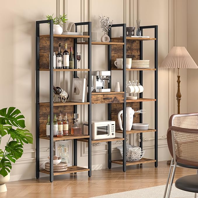 HOOBRO Triple Book Shelf, Industrial Bookshelf with Drawer, 5-Tier Bookcase with Metal Frame, Bookcase with 13 Open Display Shelves for Home Office, Living Room, Rustic Brown and Black BF160SJ01