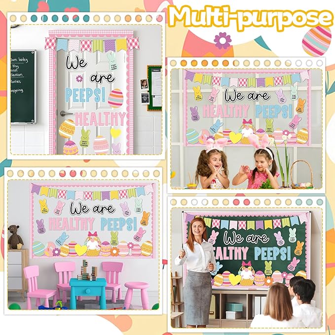 Easter Bulletin Board Decorations Set Health Habits Classroom Decoration Easter Egg Bunny Flower Cutouts Health Theme Bulletin Board for Spring Holiday Party School Home Nursery Chalkboard Wall Decor