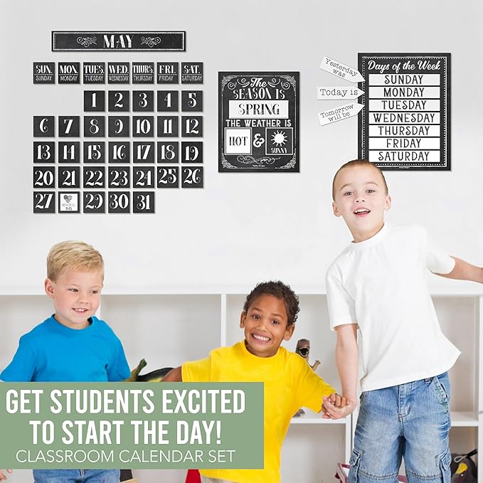 Hadley Designs Classroom Calendar Set Bulletin Board Decorations - Black White School Calendar for Classroom Decor, Kindergarten Preschool Elementary Teacher Must Haves, Homeschool Daycare Essentials