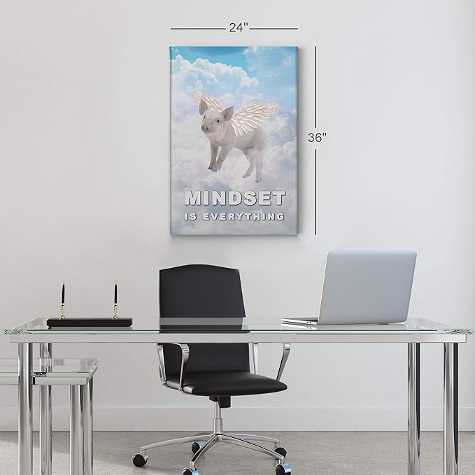 Smile Art Design Mindset is Everything Pig with Wings Flying in Sky Motivational Wall Art Canvas Print Inspirational Entrepreneur Quote Canvas Print Modern Office Decor Gift Ready to Hang 28x19