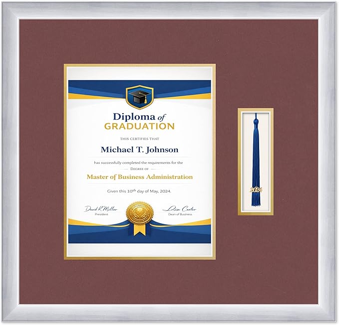 Diploma Frame with Tassel Holder 18.75 x 18 Stainless Silver Shadowbox Dark Red Over Gold Mat - Fits 8.5 x 11 Degree Made in the USA