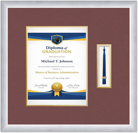 Diploma Frame with Tassel Holder 18.75 x 18 Stainless Silver Shadowbox Dark Red Over Gold Mat - Fits 8.5 x 11 Degree Made in the USA