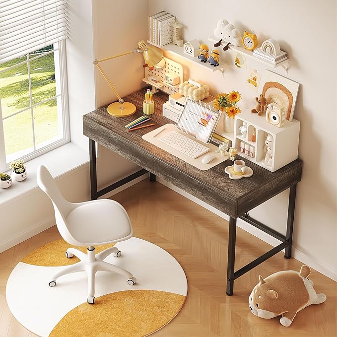 VERMESS 40Inch Small Desk with Wooden Drawers, Kids Desk for Bedroom, Work Desks for Home Office with Storage, Computer Desk for Small Space, Modern Makeup Vanity Writing Study Desk Table, Grey Oak