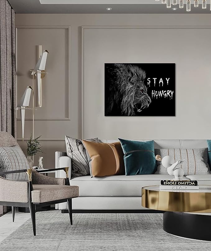 Abstract Motivational Canvas Wall Art Stay Hungry Roaring Lion Artwork Wall Pictures Black and White Retro Inspiring Animals Art for Study Room Classroom Decor Framed Easy to Hang- 24x18 inches