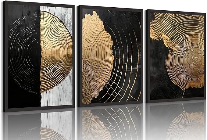 3Pcs Minimalist Abstract Black Golden Wall Art Vintage Tree Ring Wall Decor Pictures Modern Rustic Canvas Posters Prints for Living Room Office Hallway Home Decoration 12x16in Unframed
