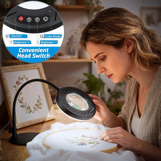 12X Magnifying Glass with Light and Stand, 5 Color Modes, 9 Dimmable Levels, Hands Free Flexible Gooseneck Magnifying Lamp, 2-in-1 LED Desk Lamp for Crafts Hobby Jewelry Sewing Reading Close Work