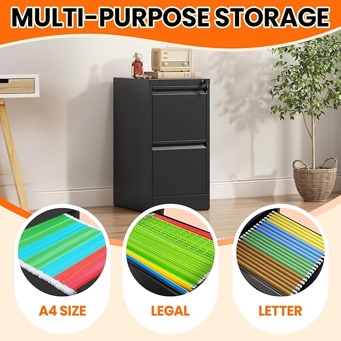 2 Drawer File Cabinet with Lock, Metal Filing Cabinet for Home Office, Vertical File Cabinet for Letter/Legal/A4/F4 Documents, Easy to Assemble Steel Storage Cabinet