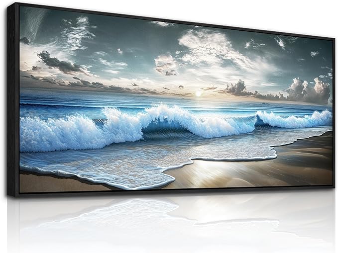 Mhartk66 Beach Framed Wall Art-Extra Large Paintings For Living Room Ocean Canvas Prints Coastal Artwork For Walls Landscape Nature Posters Waves Seascape Pictures Modern Home Decor for Bedroom Office