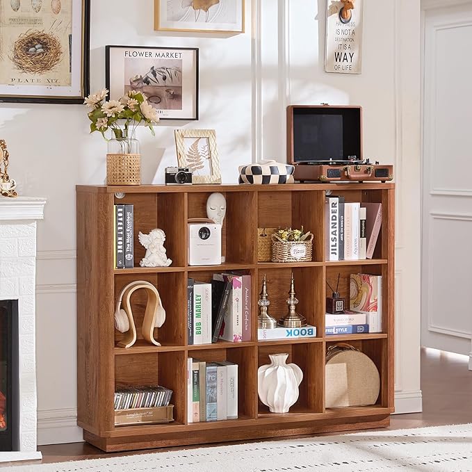 12 Cube Storage Organizer, 41" Wide Large Bookshelf with Curved Edge, Wood Floor Standing 3-Tier Cubby Bookcase w/Base, Rustic Display Storage Cabinet, Book Case for Home Office, Brown