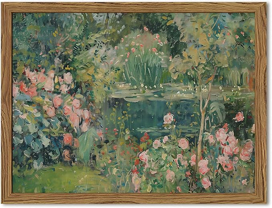 Framed Vintage Floral Landscape Canvas Wall Art, Rose Garden Pond Wall Decor Paintings, Rustic Cottagecore Nature Plant Pictures Prints Aesthetic Home Decor for Living Room Bedroom Bathroom 8x10 inch