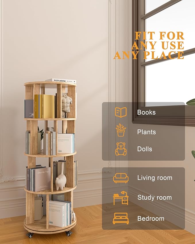 Rotating Bookshelf, 4 Tier Solid Wood Bookshelf Tower with Lockable Wheels, 360° Spinning Revolving Bookcase for Small Spaces, Corners, Bedroom, Kids Room, Home Office, Natural