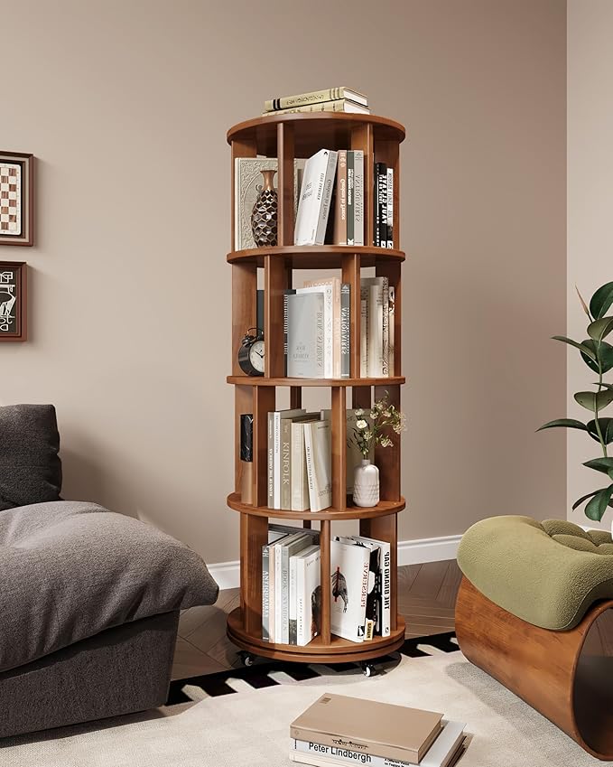 Rotating Bookshelf, 4 Tier Solid Wood Bookshelf Tower with Lockable Wheels, 360° Spinning Revolving Bookcase for Small Spaces, Corners, Bedroom, Kids Room, Home Office, Walnut