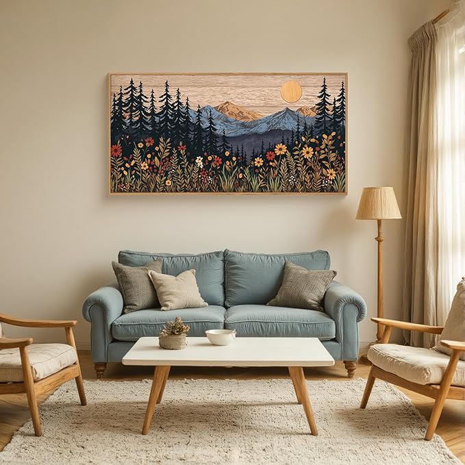 Houria Mid Century Woodland Mountain Framed Canvas Wall Art Set,Vintage Natural Sunset Wildflower Forest Field Decor,Wilderness Boho Floral Pine Tree Landscape Artwork for Living Room,Office-20"x40"x1